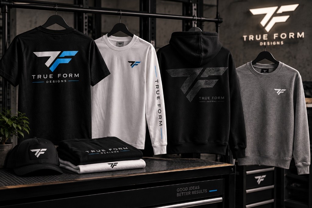 TRUEFORM DESIGNS t-shirts, hoodie, and crew neck on a shop rack