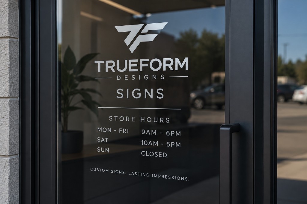TRUEFORM DESIGNS store hours vinyl on a glass door
