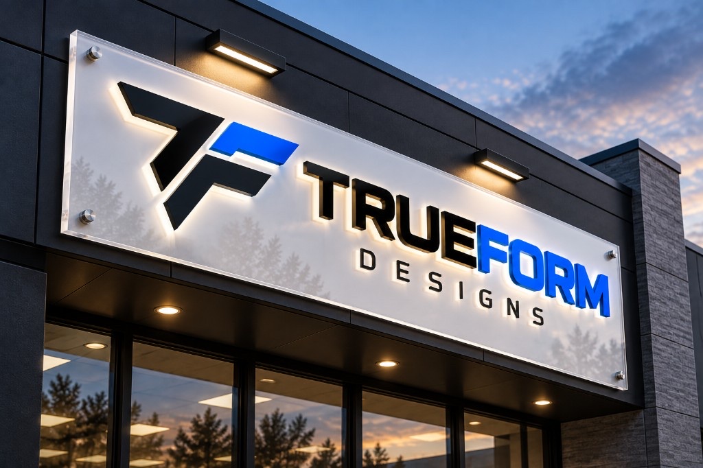 Illuminated TRUEFORM DESIGNS acrylic storefront sign at dusk