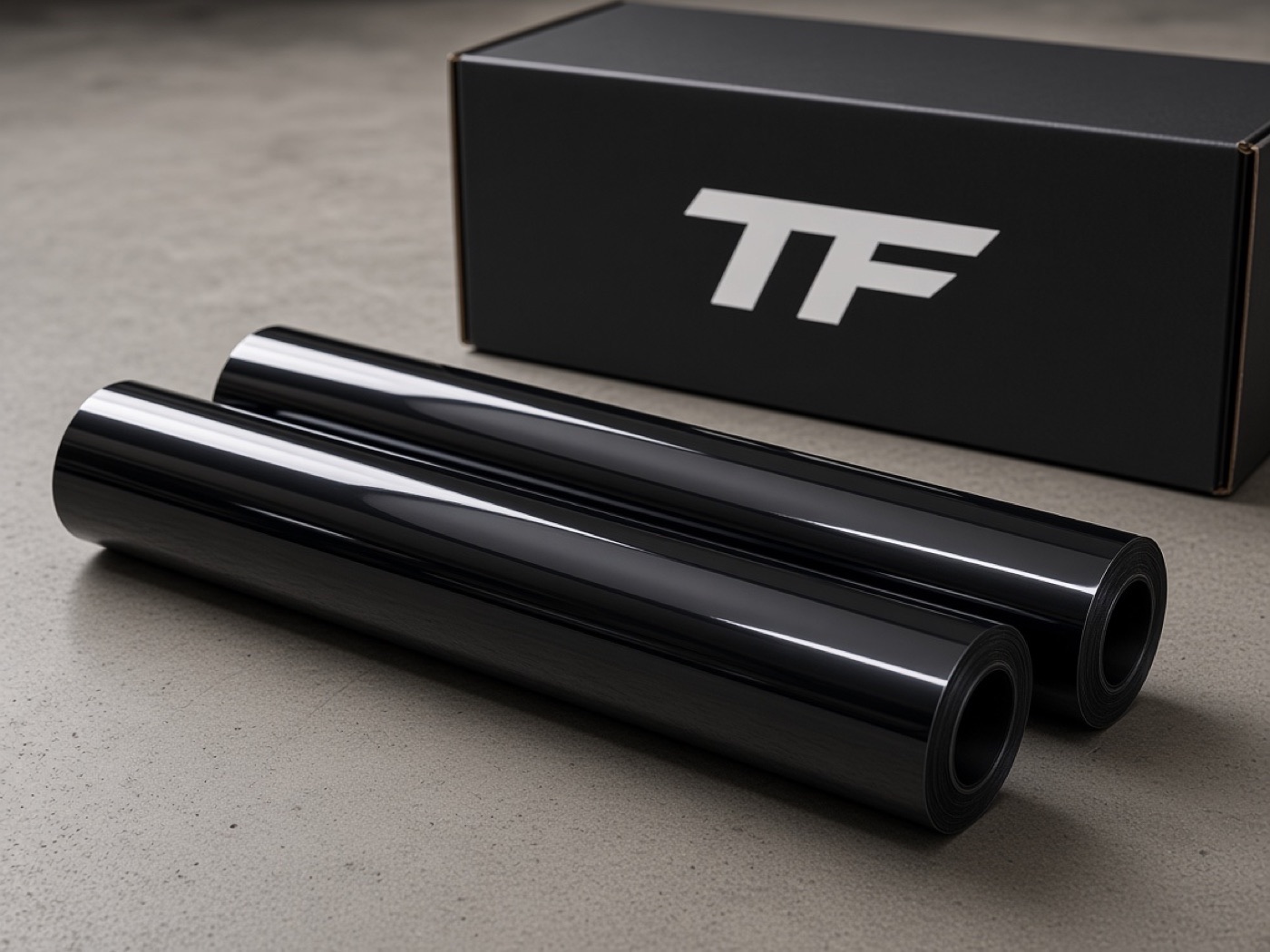 Two rolls of black window tint film on a concrete shop floor