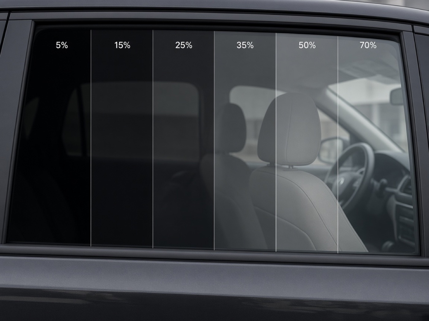 Car window showing tint shades from 5 percent to 70 percent