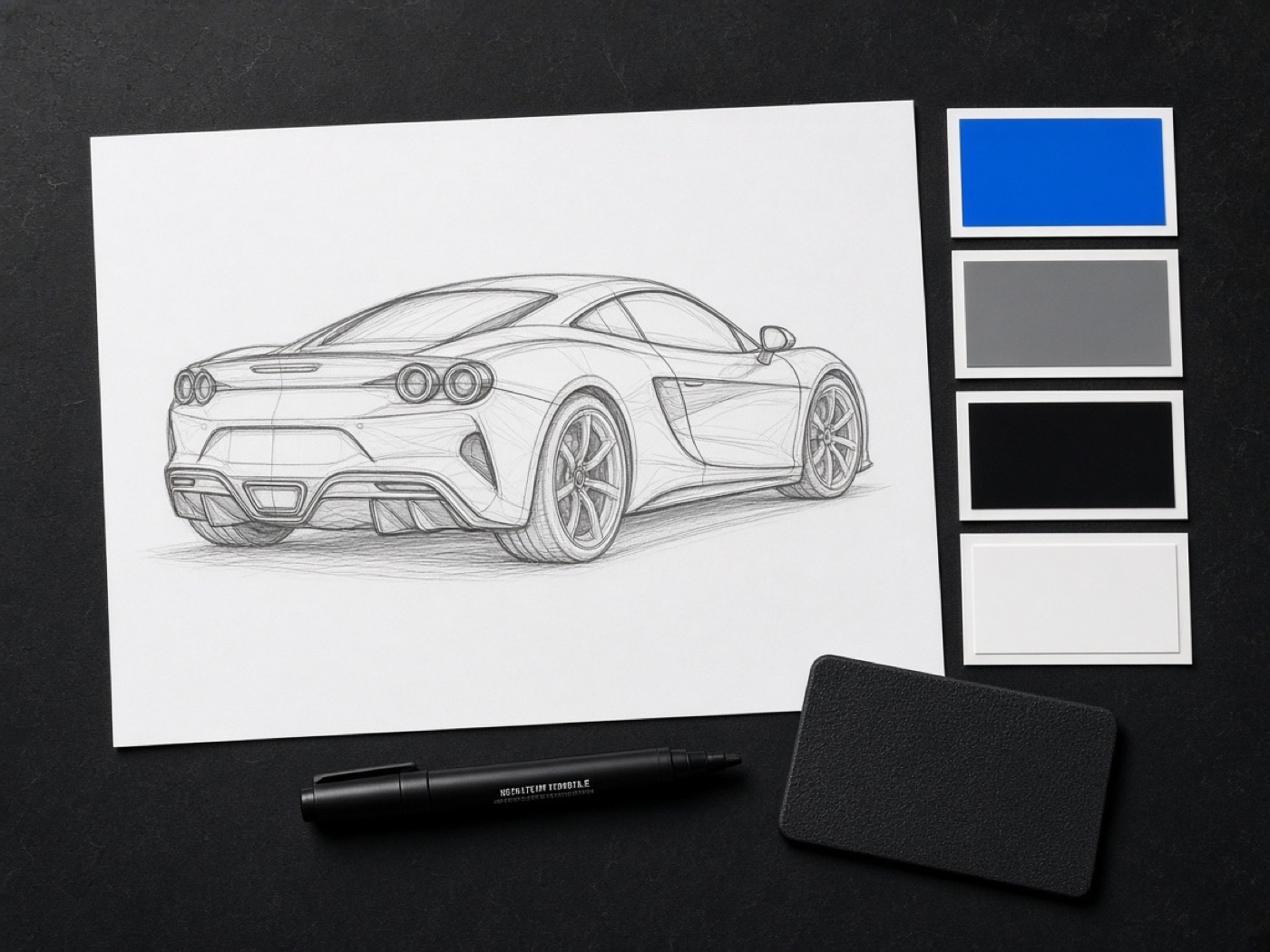 Car sketch, colour swatches, and vinyl tools on a shop table